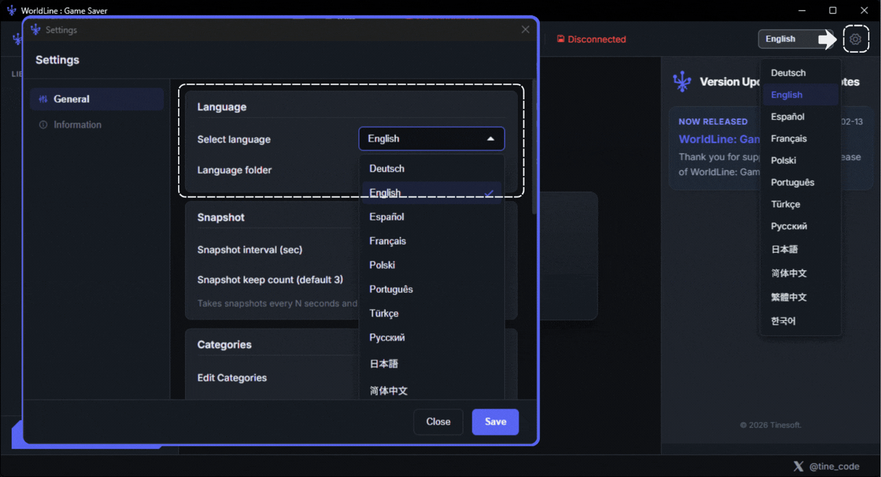 Change User Language - Change language in settings window