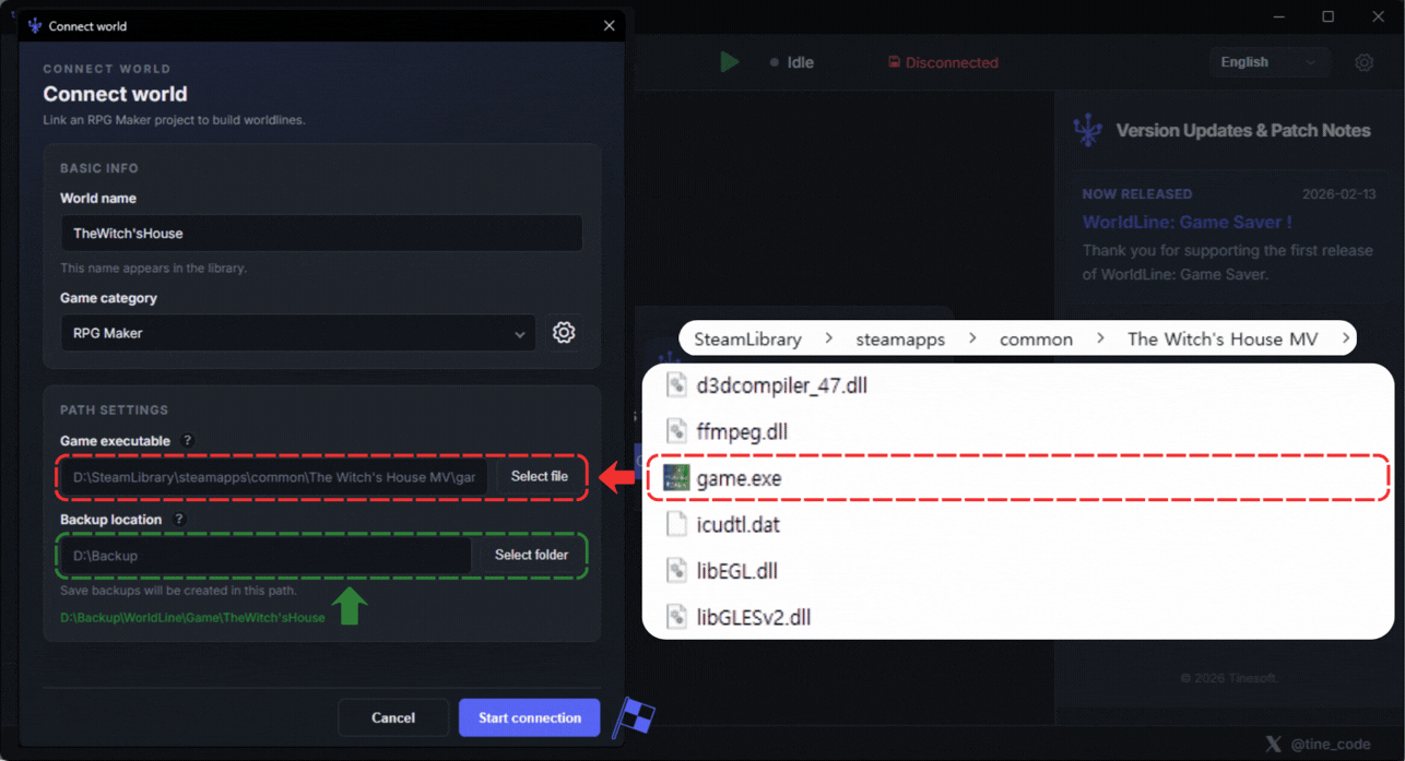Connect Game - Set paths for the game executable and save file storage.